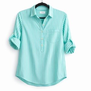 J. Crew Aqua White Stripe Button Down Shirt Size 0 Cotton Roll Tab Sleeve